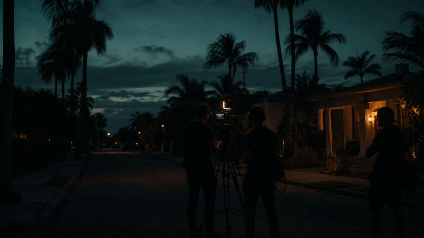 A film production crew in Miami at dusk